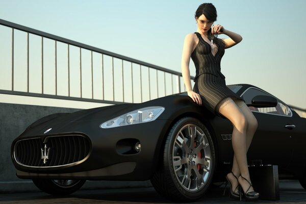 A girl in a short dress next to a black maserati