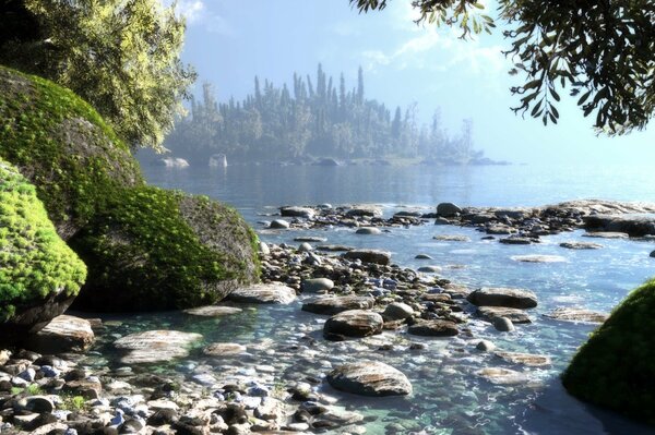 Le lac avec une île au milieu de la