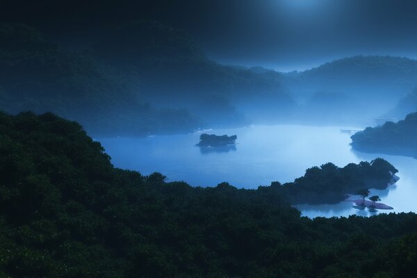 Lago nocturno en la niebla