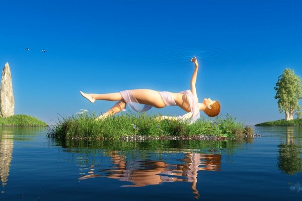 A girl levitates over a small island