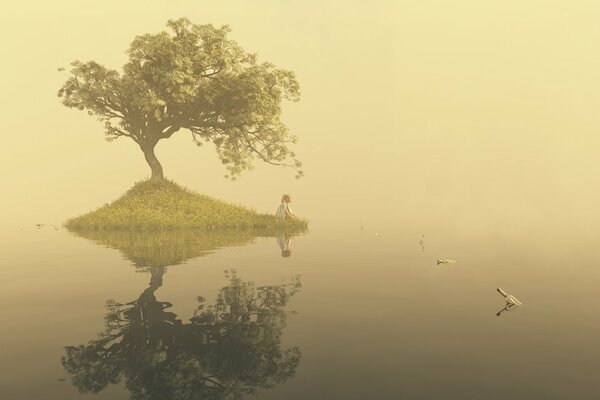 Amanecer en el lago, una pequeña isla con un árbol