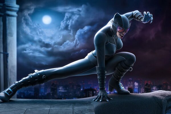 Catwoman at night on the background of the city