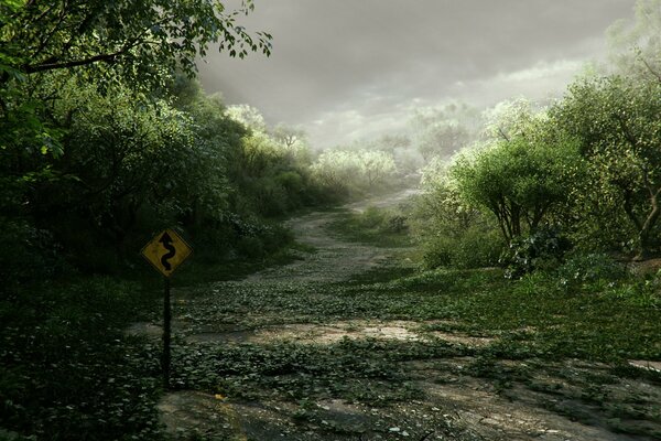 Camino viejo, abandonado, señal de tráfico