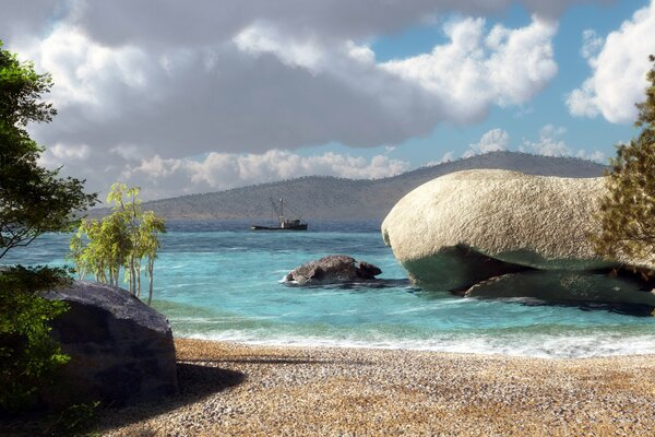 Wallpaper ship in the blue sea on the background of mountains