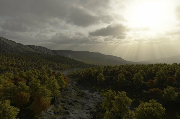 Hermoso paisaje con sol, colinas y bosque