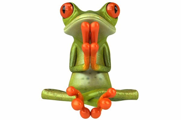 The frog is sitting in the lotus position