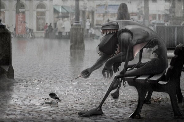 Criatura bajo la lluvia juega con un escarabajo