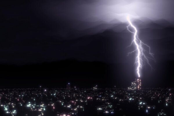 Night thunderstorm in a dark city