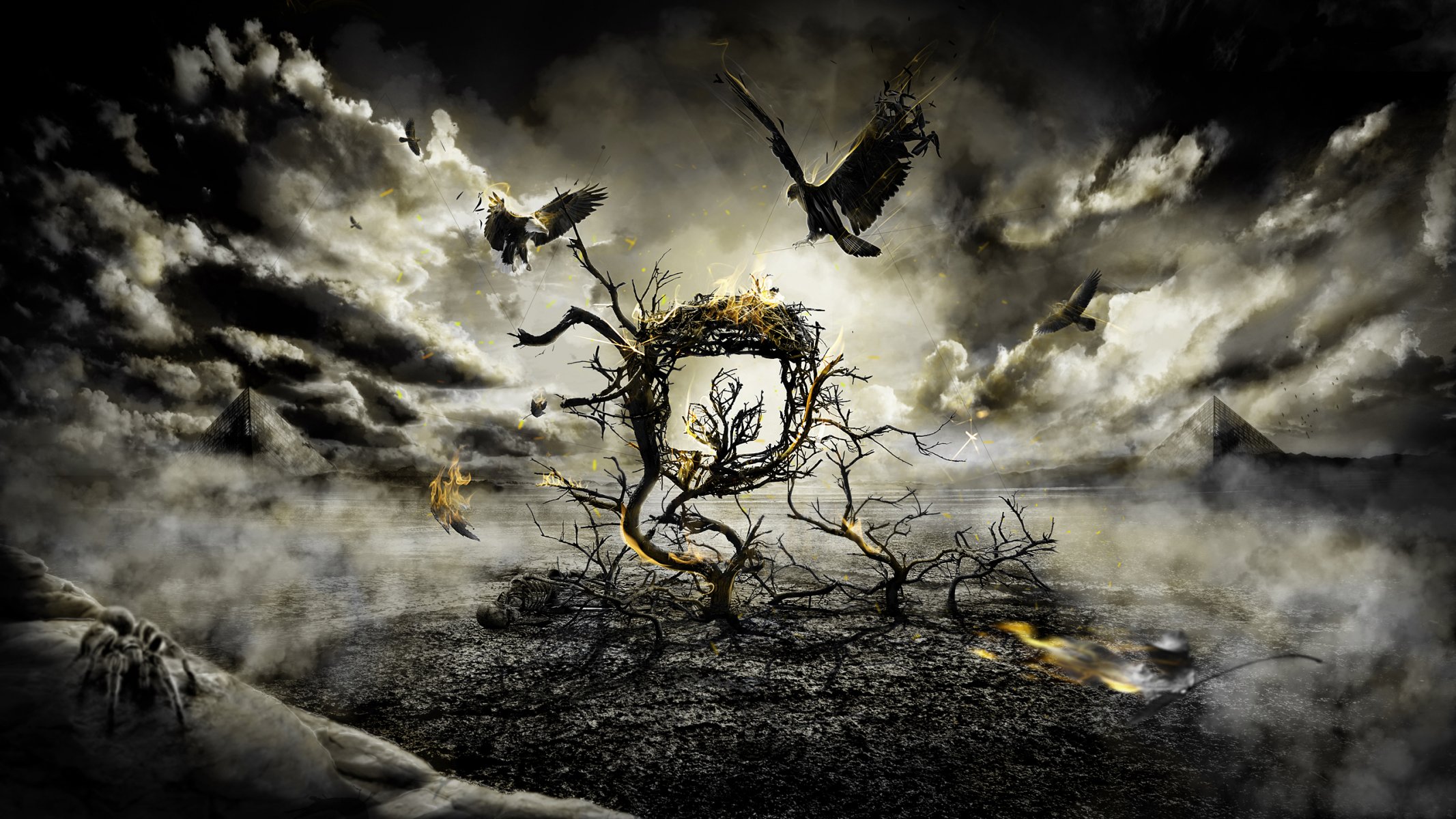 gothic birds tree fire spider wrestling clouds darkne