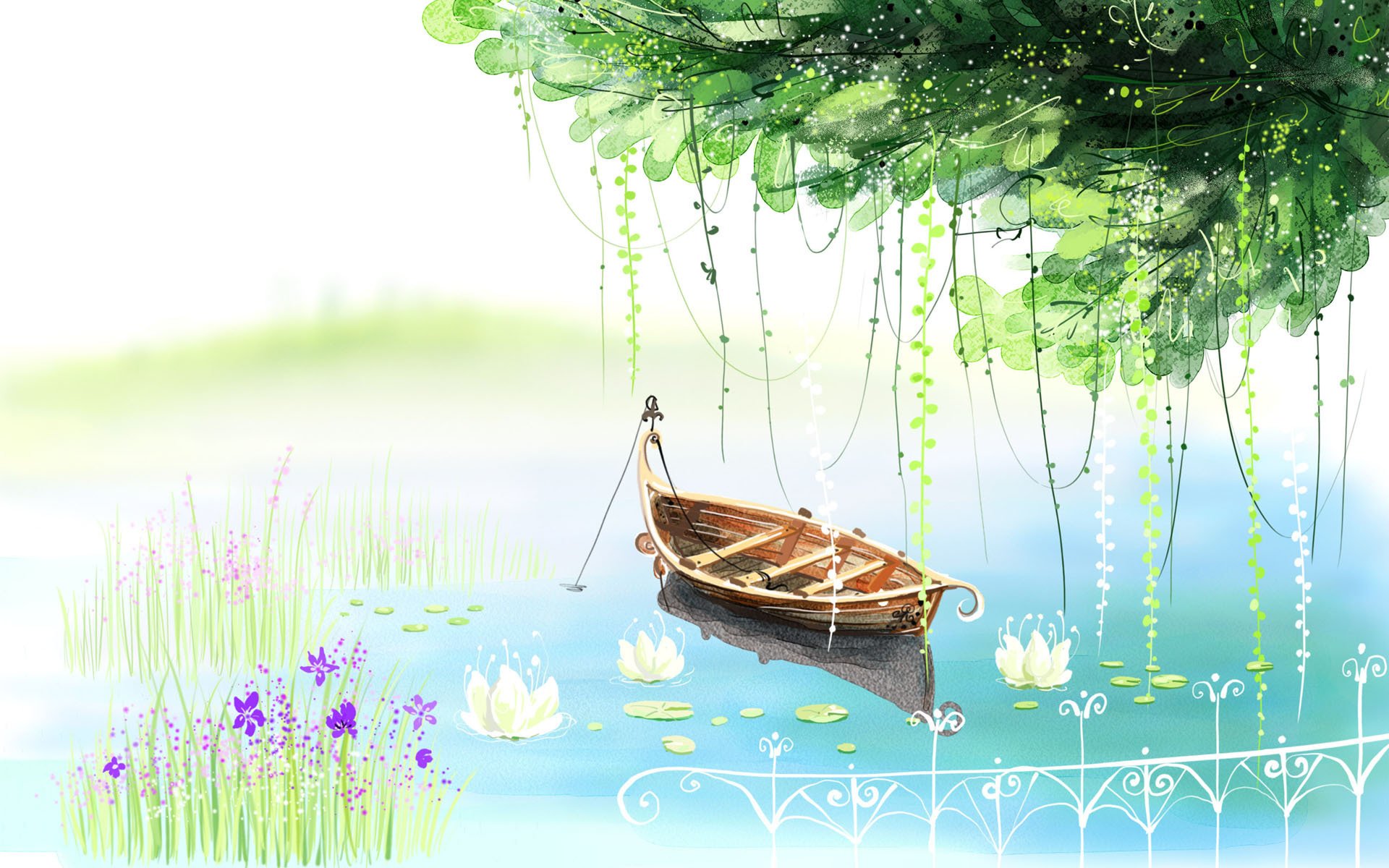 picture lake boat flower water lilies fence tree