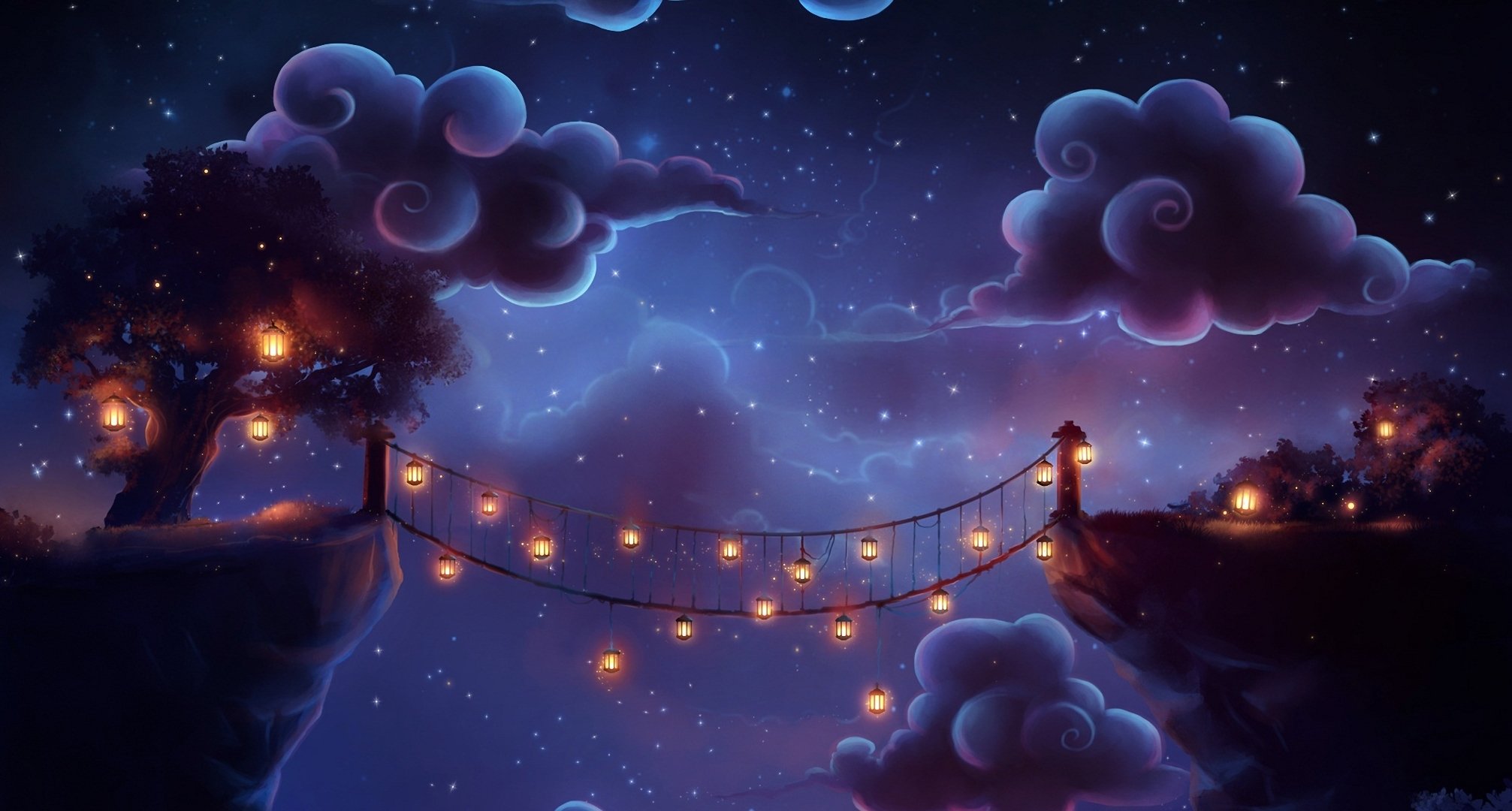 arte trenchmaker noche puente linternas árbol nubes