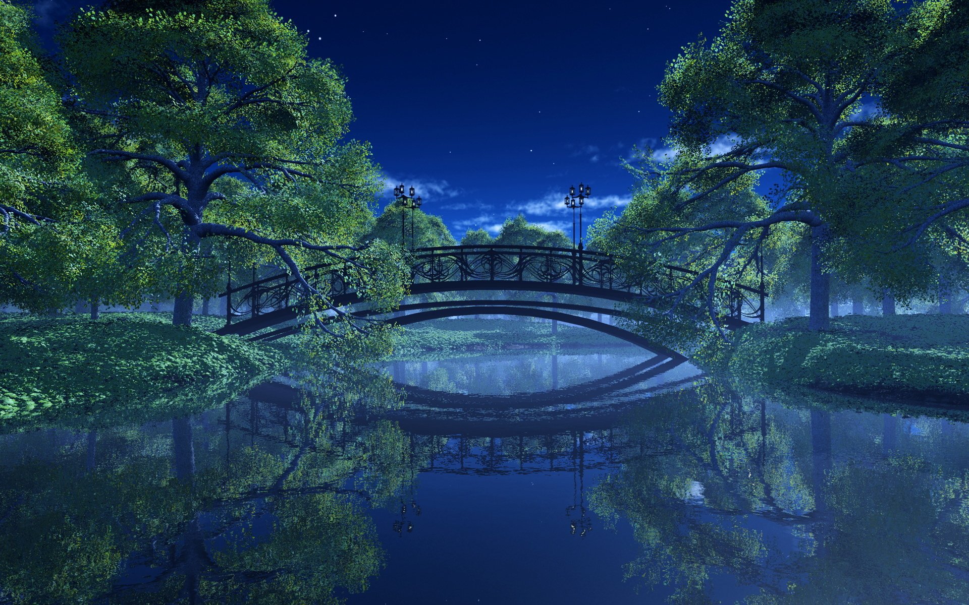 paisaje parque río puente árboles linternas noche