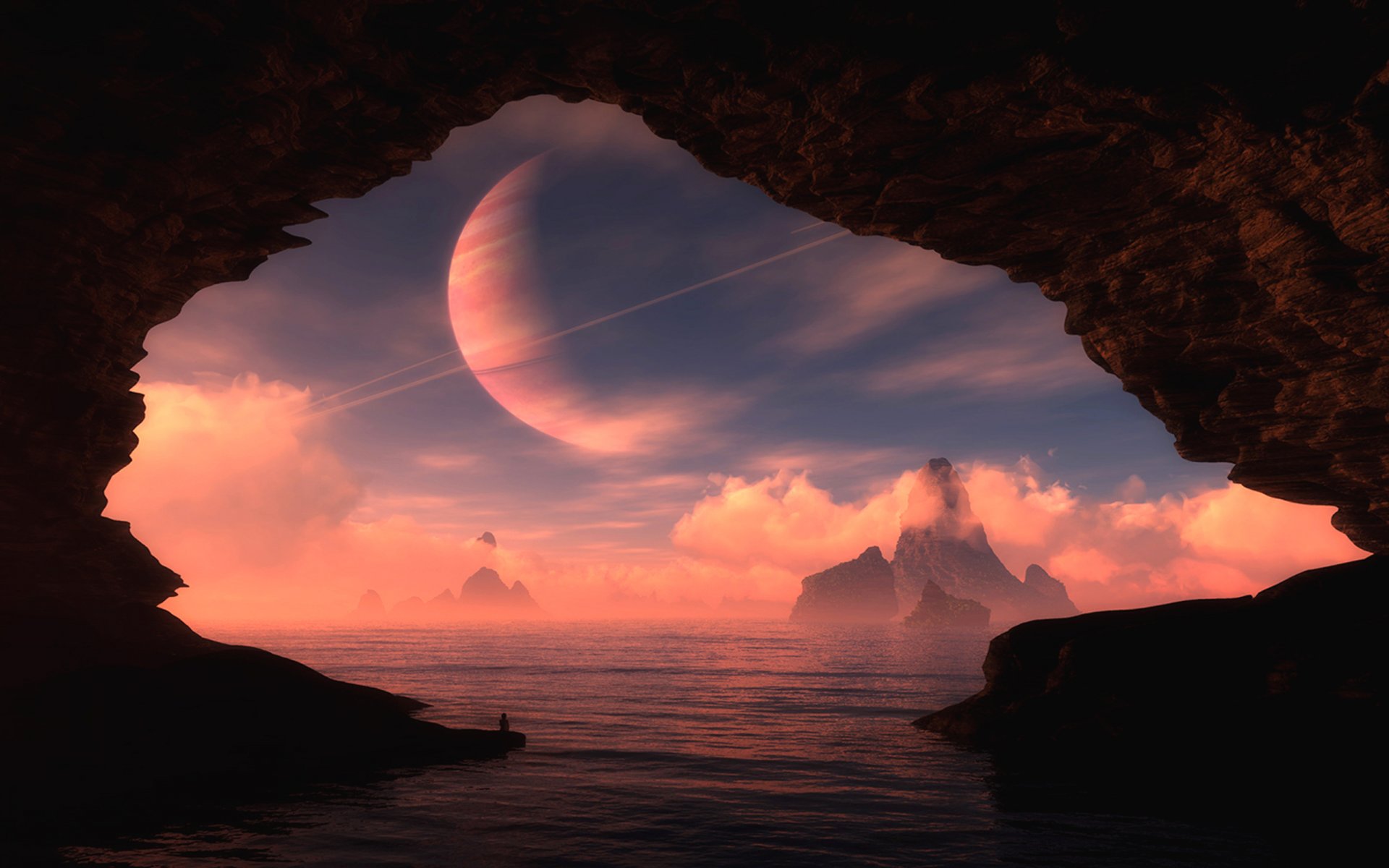 grotto cave planet man satellite water lake fog clouds sunset