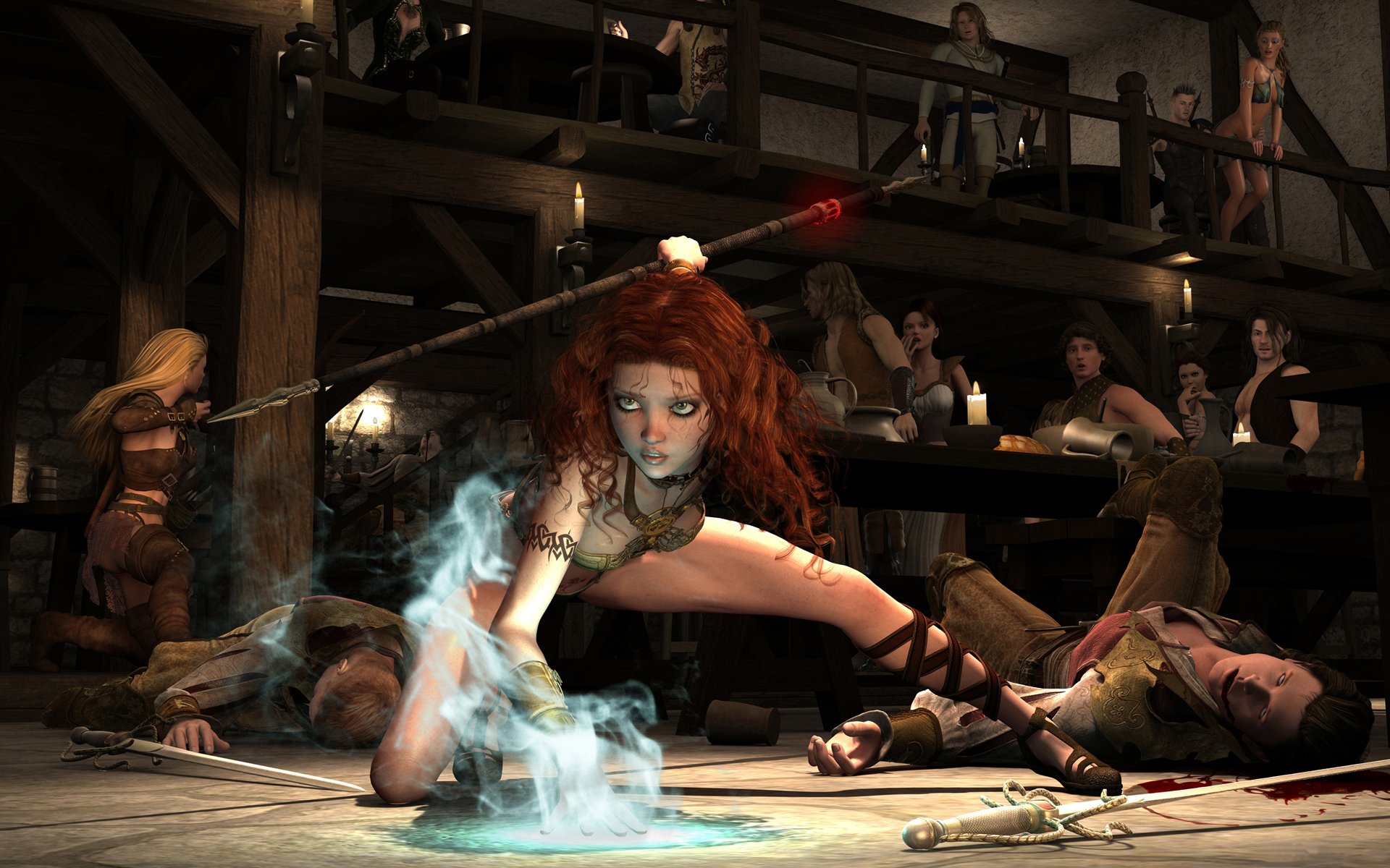 girl elf magician fight tavern magic 3d art arne