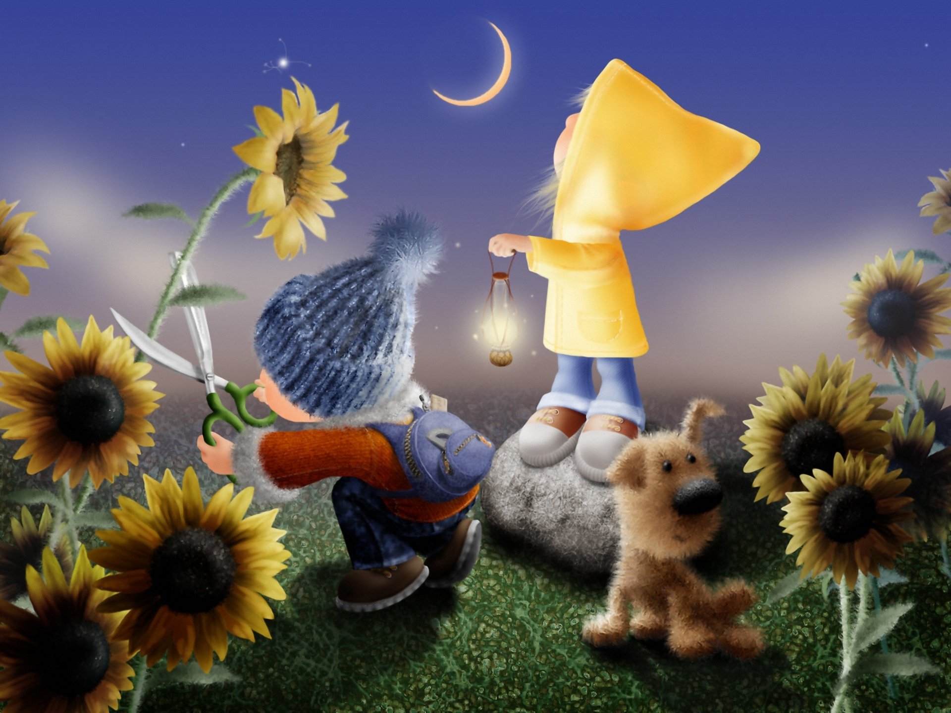 niños noche mes girasoles perro arte