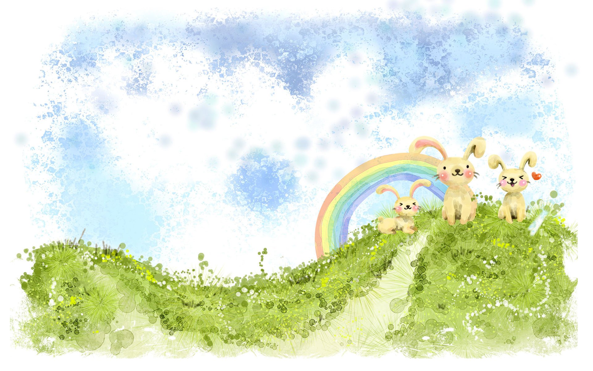 zeichnung hasen hasen kawaii regenbogen hügel grün wolken herz