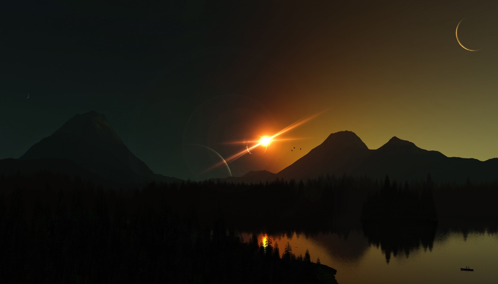 rendering sole paesaggio natura lago pianeti luce raggi riflessione