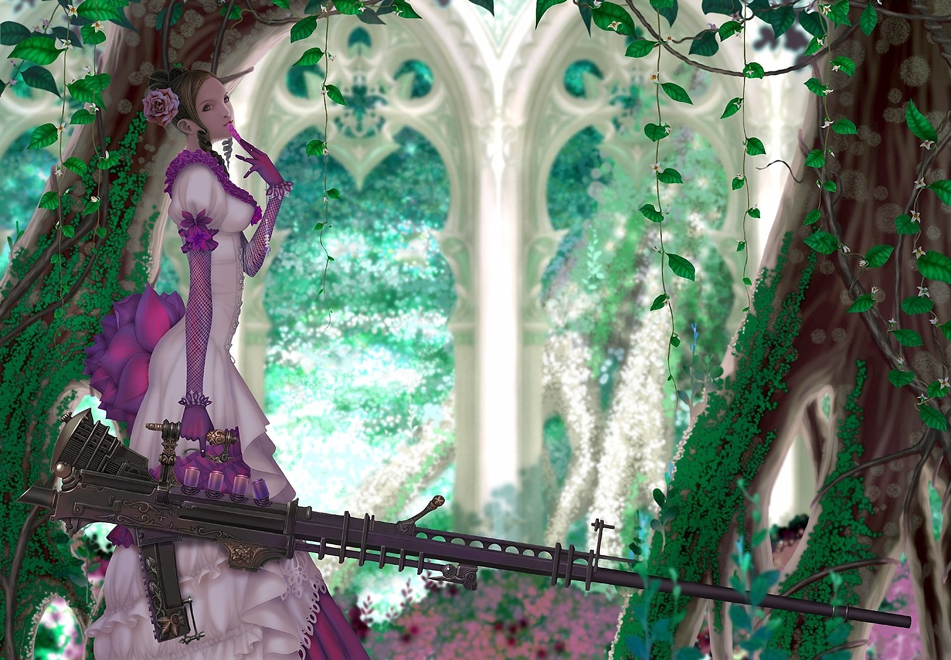 art wen-m girl weapon rifle triomphe ivy tree dress rose