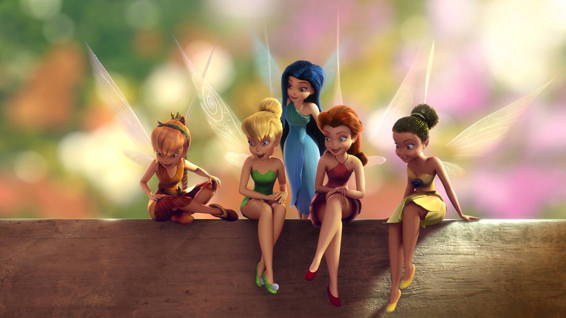 tinker bell hada ding-ding se sientan hadas elfos chicas mágicas criaturas míticas dibujos animados alas vestidos trajes conversación pelo multicolor colores brillo dibujos animados