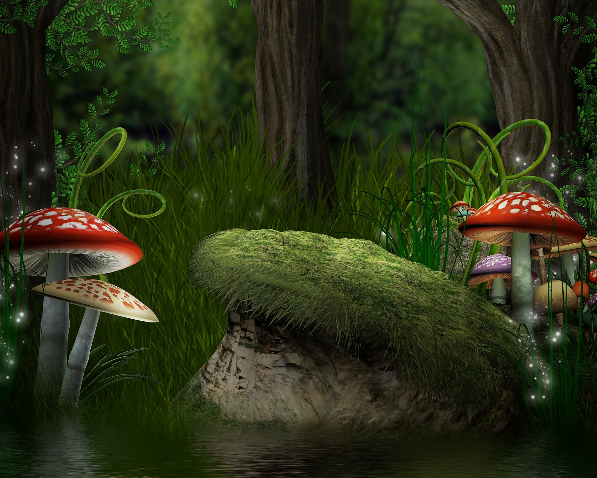 magic forest mushrooms fly agaric ferns gra