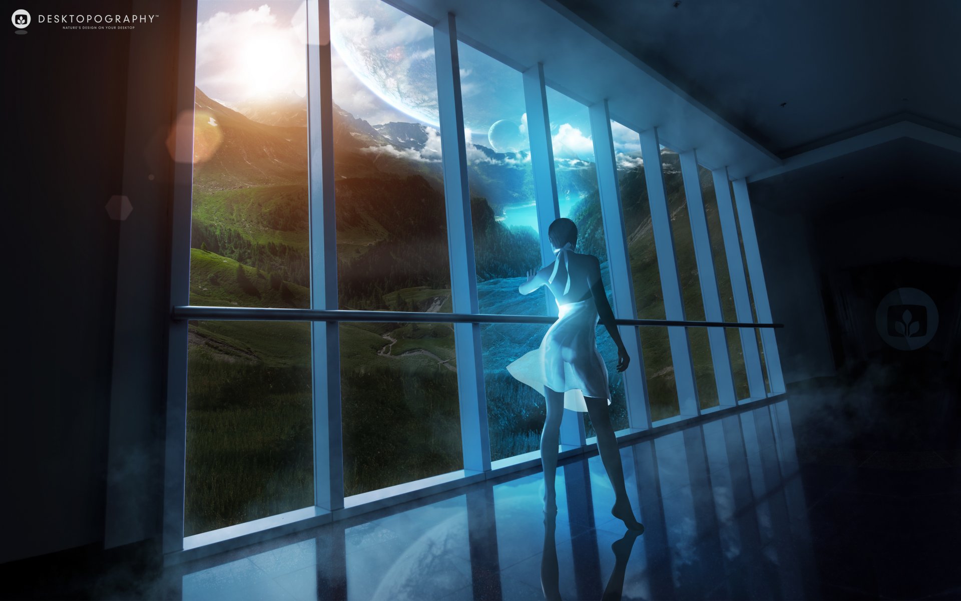 fantasy world window girl fantasy world dress view landscape planets clouds river