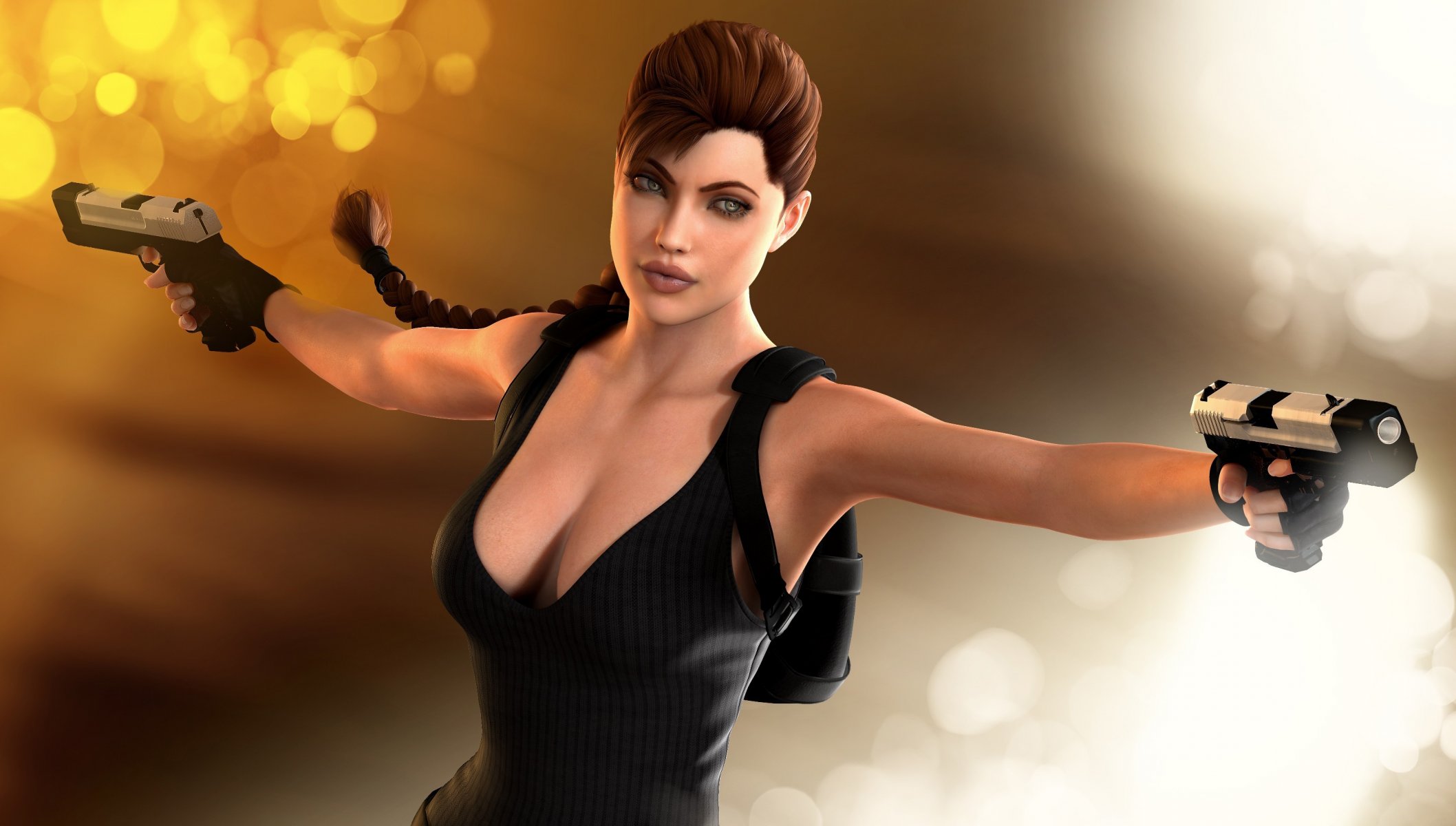 angelina jolie lara croft tomb raider mädchen pistolen 3d-modell hintergrund blendung rendering kunst von pitoxlon