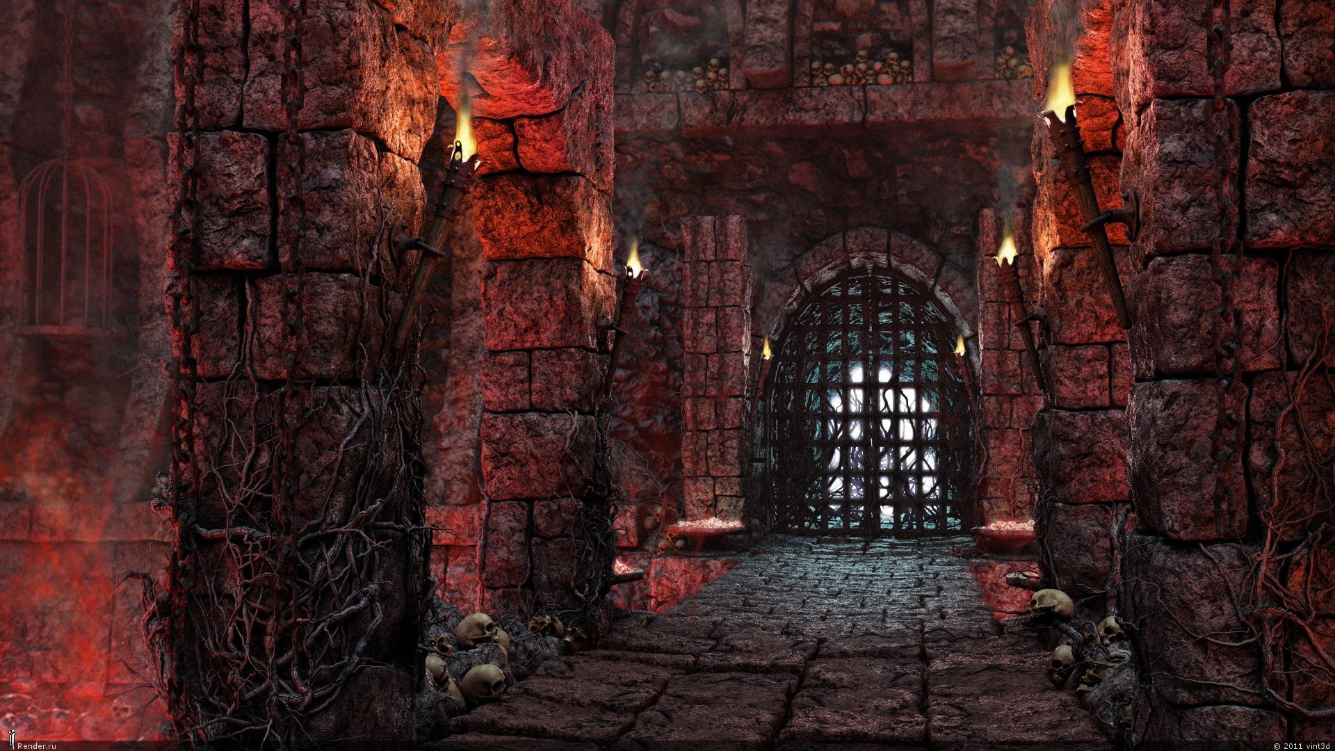 fantasy art skull torches corridor