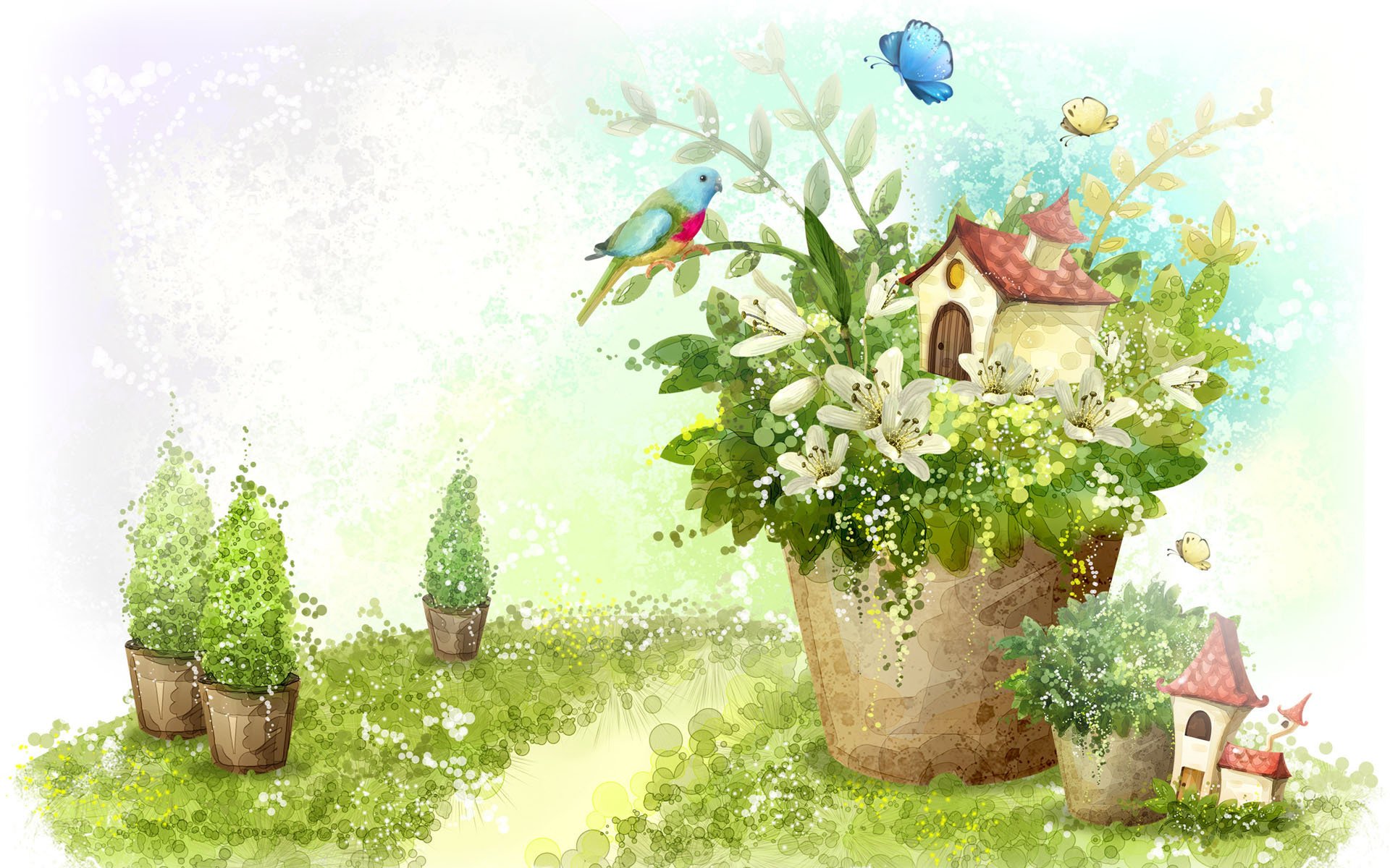 dessin plantes pot maison cabane oiseau perroquet papillons fleurs lys