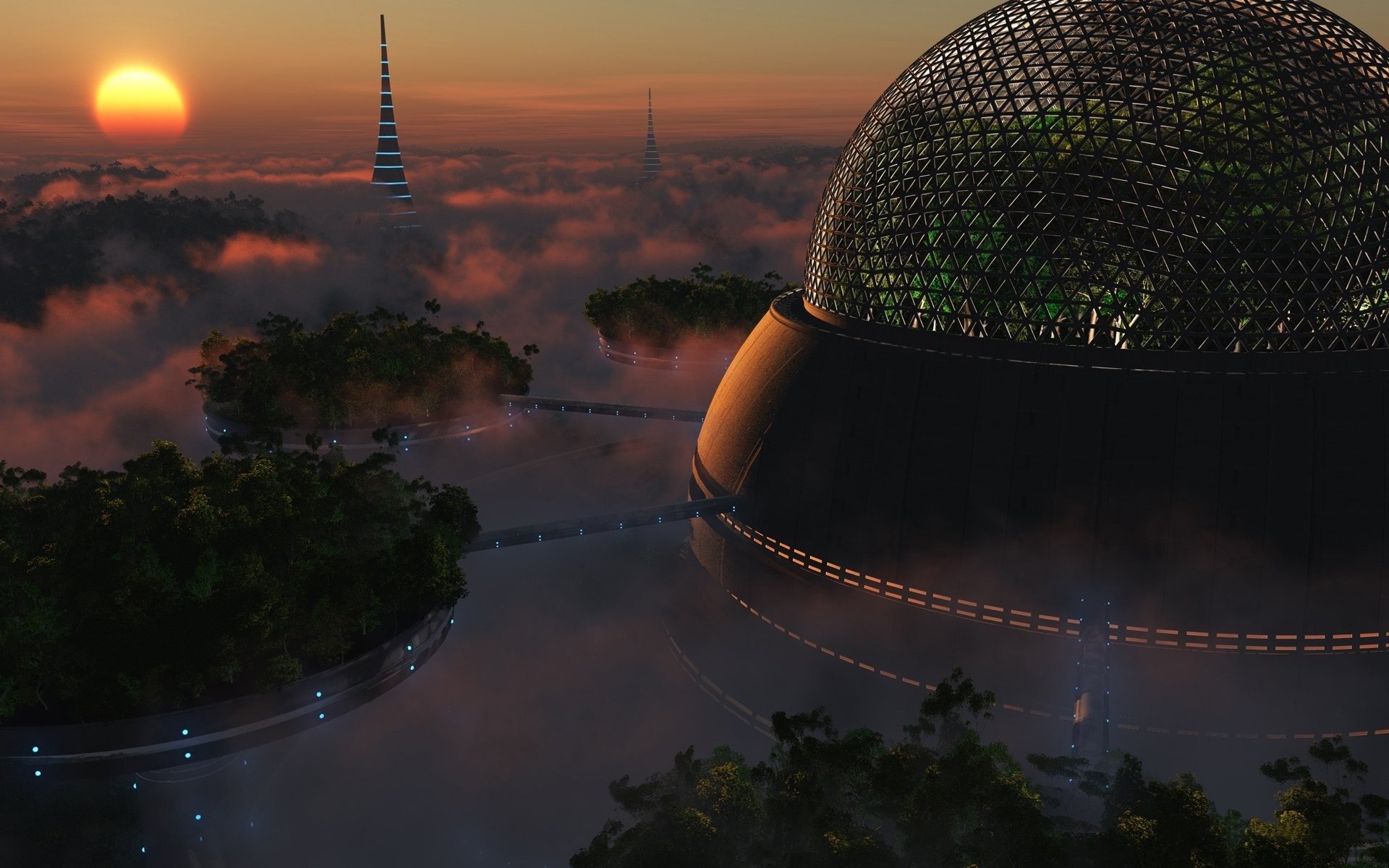 rendering sunset town clouds sphere