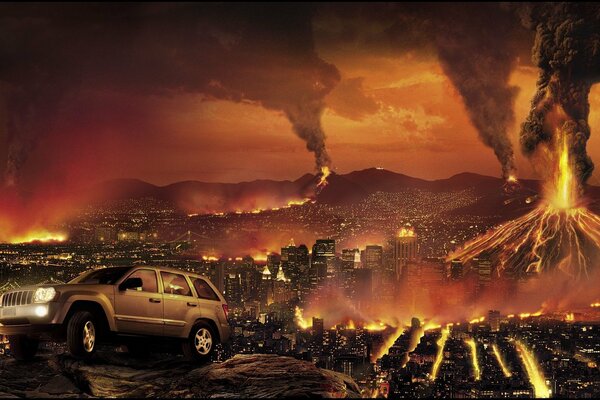 La jeep sur le fond de l apocalypse et des volcans