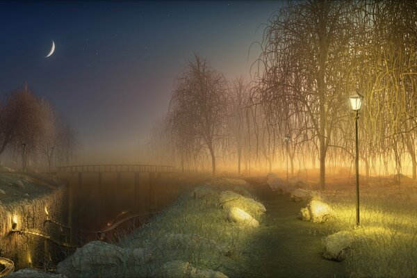 A night chapel, a bright moon is shining, there are trees in the fog