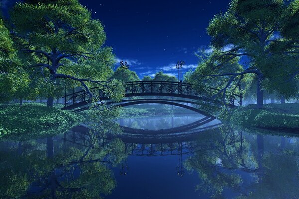 Night landscape of the park with a bridge over the river