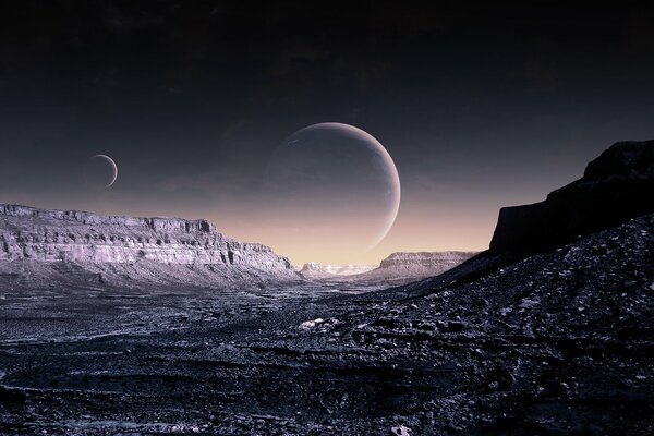 Fantastic mountain landscape with planets