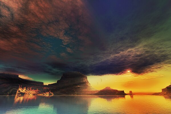 Multicolored sky over the rocks