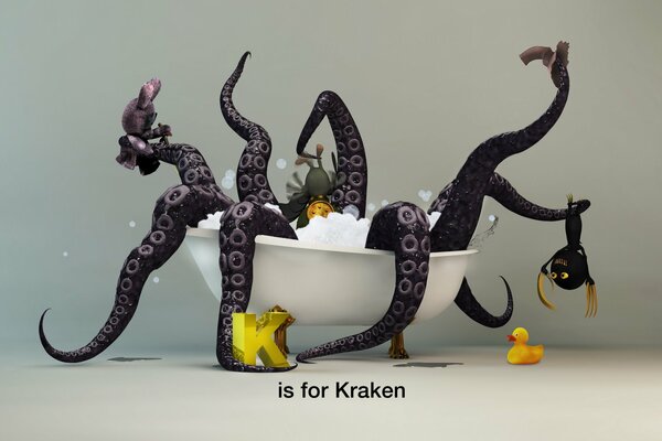 Kraken in bagno di schiuma con giocattoli