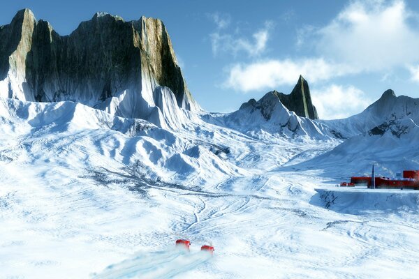 Winter station on the background of mountains