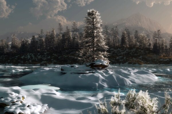 Winter forest with river and snow