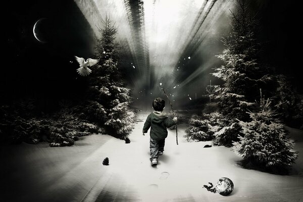 A boy walks through a snowy forest