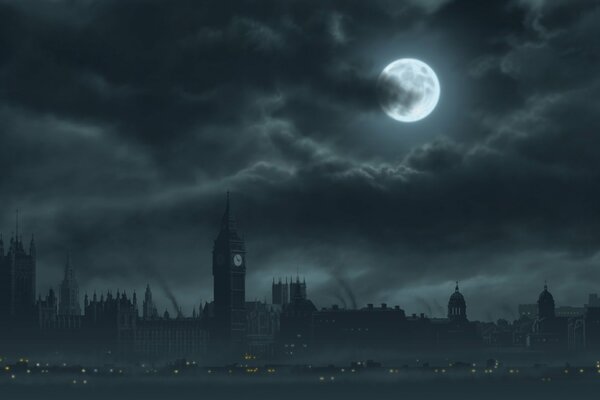 A picture of grey London with a bright moon