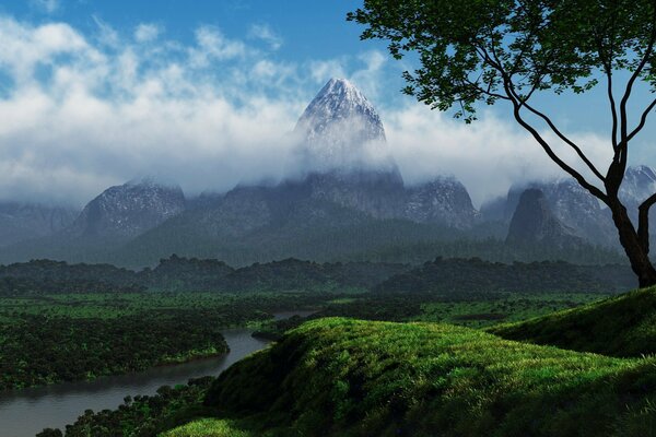 Río y verdes colinas cerca de una montaña cubierta de nubes