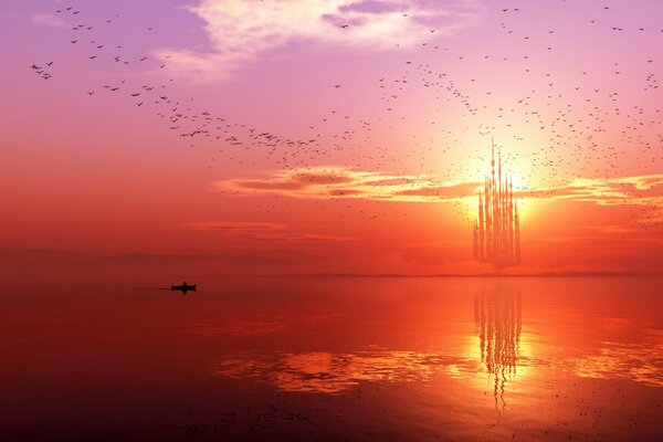 Castle on the background of the sun setting in the sea