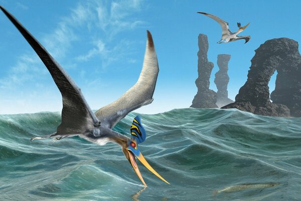 Volo dello pterodattilo sulle onde del mare