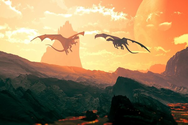 Deux dragons sur le fond de la vallée