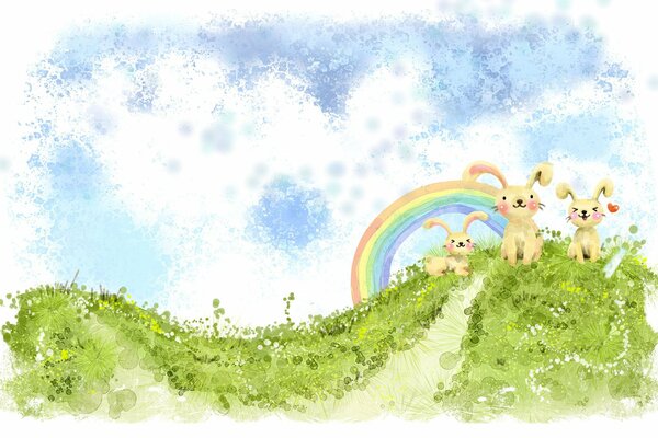 Kawaii drawing hares on a hill