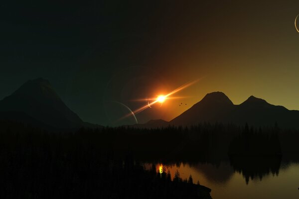 Le lever du soleil, de la réflexion des rayons dans le lac