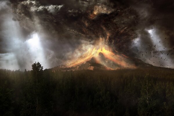 Volcanic eruption near the forest