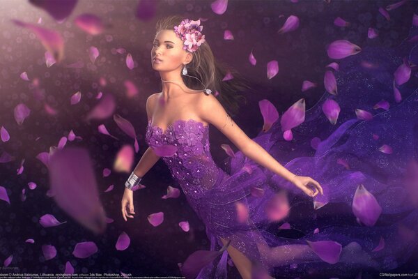 A girl with flower petals in a purple dress