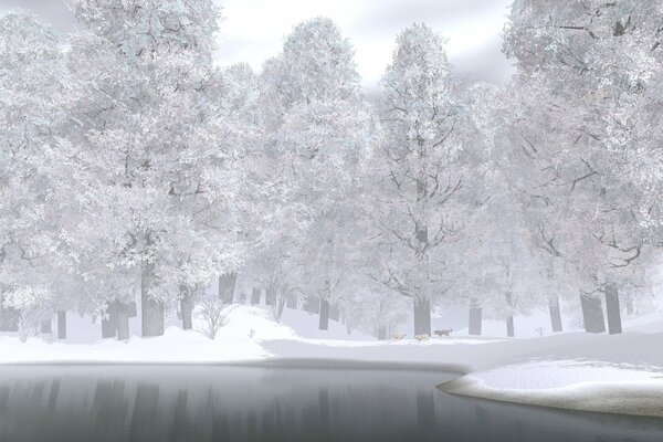 Bosque cubierto de nieve y lago congelado