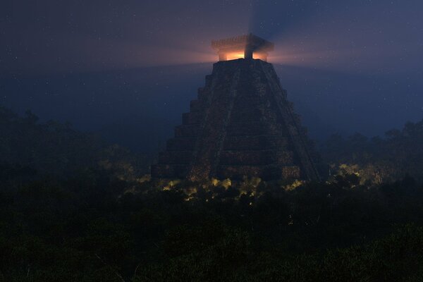 Forêt de nuit. Pyramide ancienne avec lumière sur le dessus