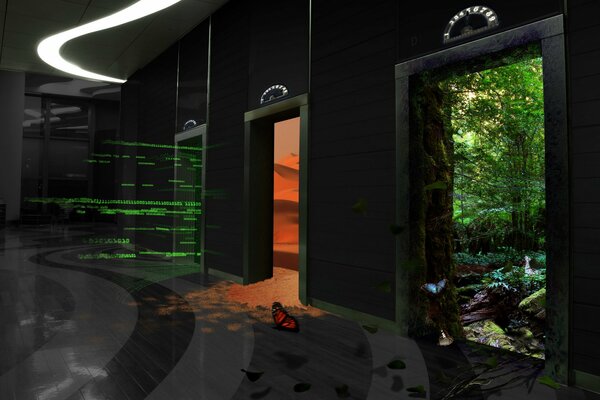 Elevators as portals: forest, desert, matrix